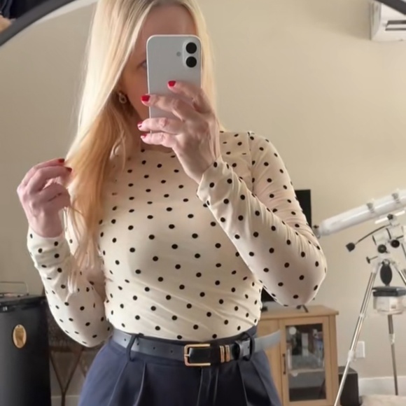 Cream Off White Polka Dot Mesh Sheer Long Sleeve Tee Shirt Top - Picture 13 of 13